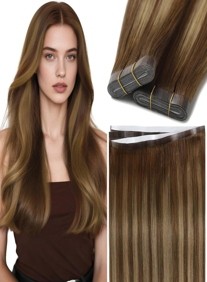 Lacer One Piece Tape in Weft Human Hair Tape ins Extensions 16 Inch Long Tape in Weft Hair Extensions Human Hair Chocolate Brown to Caramel Blonde with Brown Roots 50 Grams for Women 31.5" (80cm) - Image 1